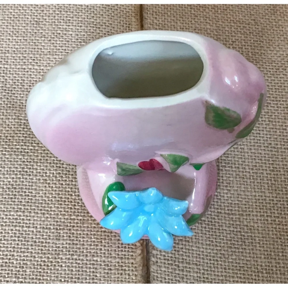 Vintage OPCO Pottery Pink Vase w Blue Applied Flower Granny Cottage Core Romance